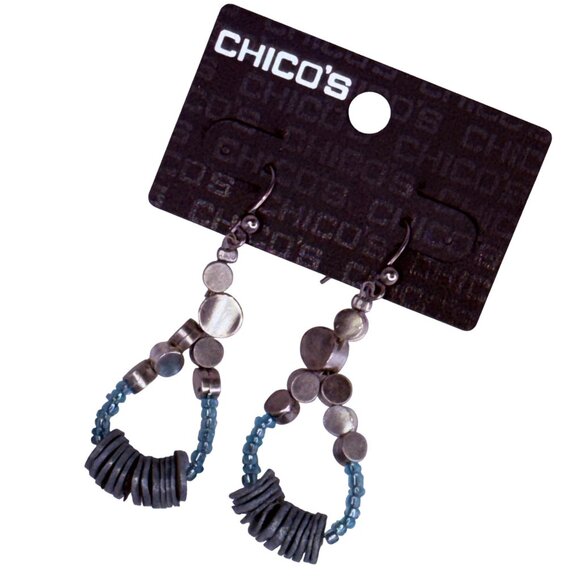 Vintage 1990s Chico’s Silver Teardrop Blue Beaded Dangle Earrings Mixed Metal - Picture 3 of 9